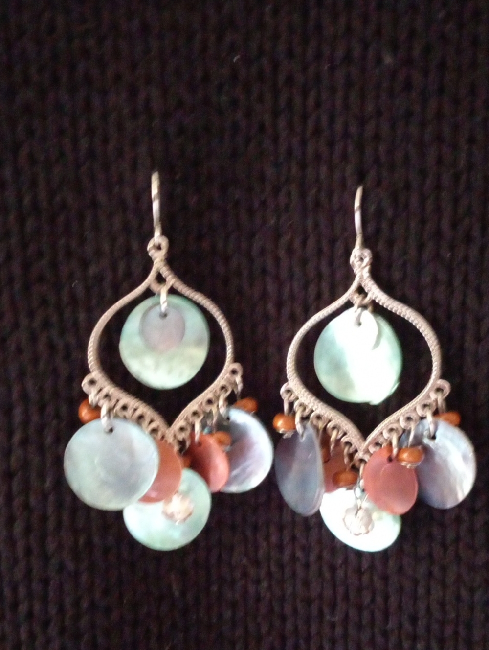 Boho Mother of Pearl Shell Disc Chandelier Dangle Earrings Silver Tone
